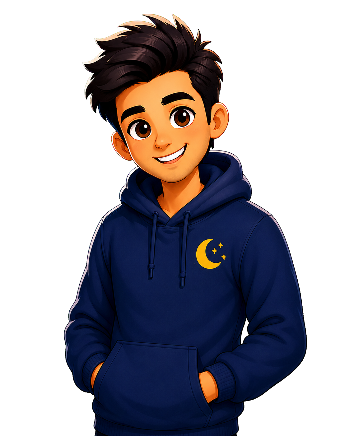 HeyChandMama mascot wearing a blue moon-and-stars hoodie