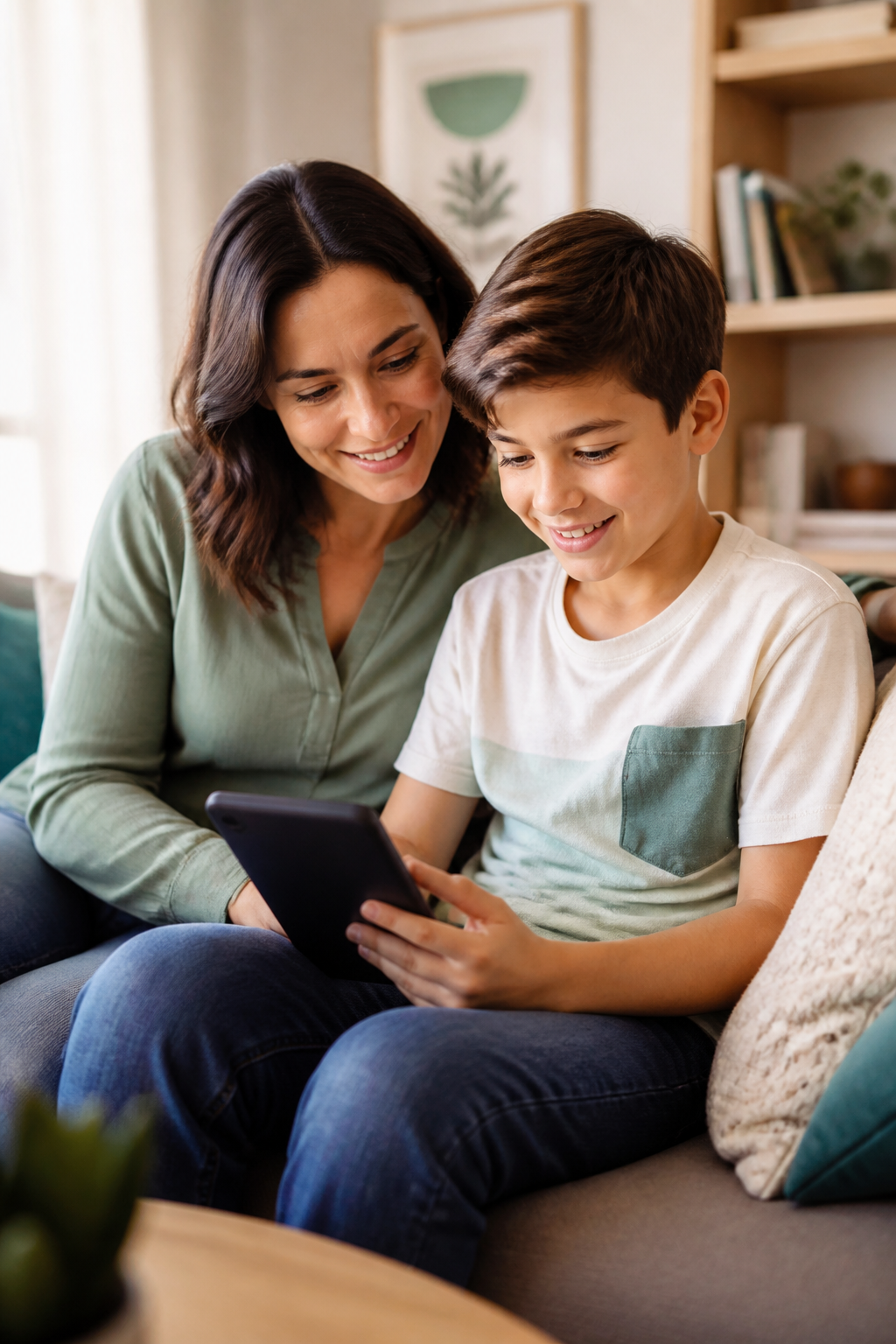 A child and caring adult using a tablet for an everyday mental wellness check-in