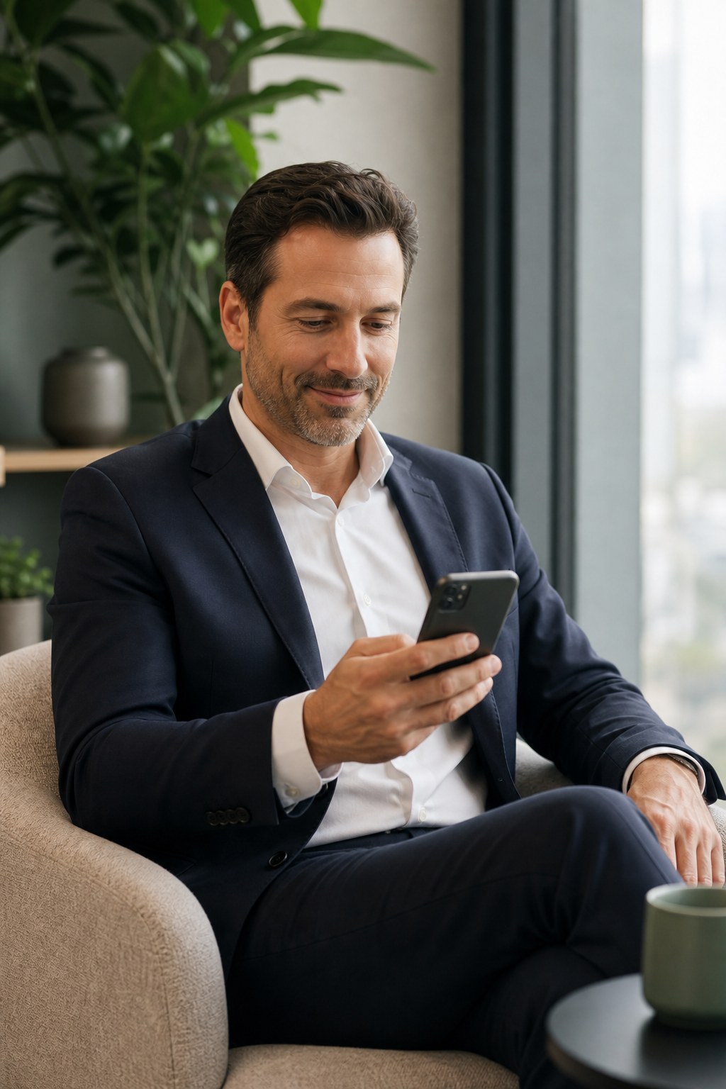 Calm man using a phone for digital mental wellness reflection